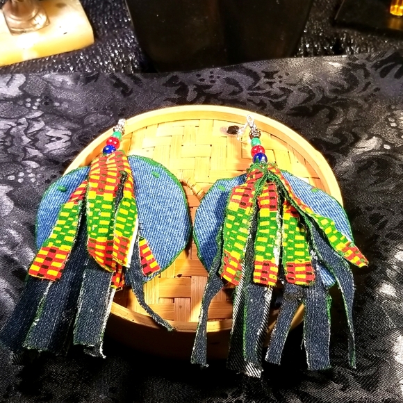 Jazzy Blue Jean fabric kente cloth print African fabric Fringes earrings - Picture 7 of 9